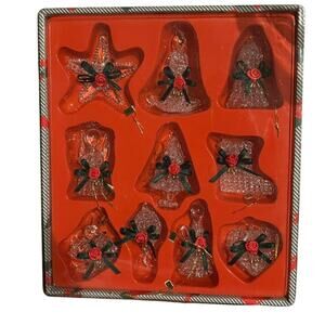 Christmas Spun Plastic Ornaments (10) Red Roses MINIATURE Holiday Angel Bell